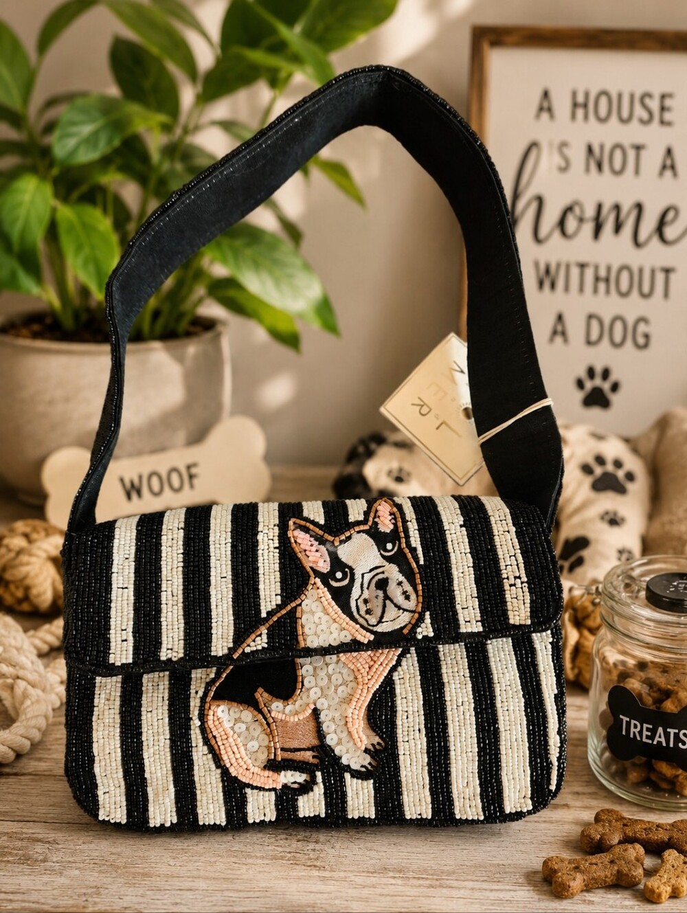 Sol & Mer New Release Viral Beaded Black, White And Pink Frenchie Beaded Bag NWT